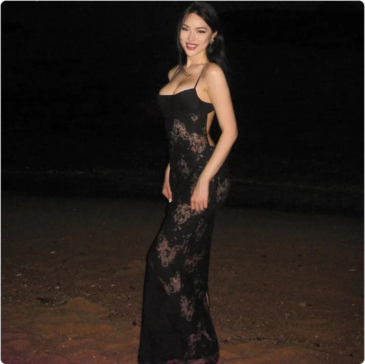 Floral Semi Sheer Open Back Lace Dress – Black