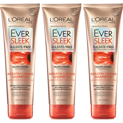 L’Oréal Paris EverSleek Keratin Caring Sulfate Free Shampoo, 3 Count