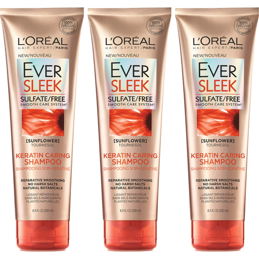 L’Oréal Paris EverSleek Keratin Caring Sulfate Free Shampoo, 3 Count