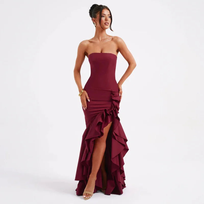 Angelina Irregular Frilled Maxi Dress – Burgundy