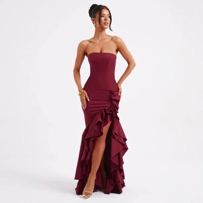 Angelina Irregular Frilled Maxi Dress – Burgundy