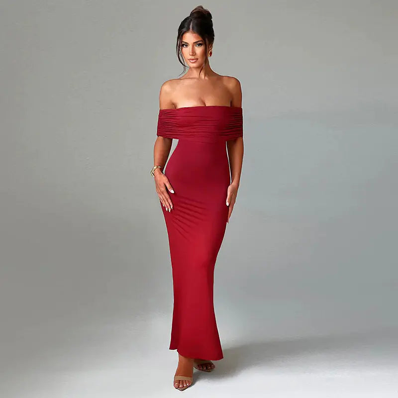 Sophie Black Off-Shoulder Maxi Dress with Ruched Low Back