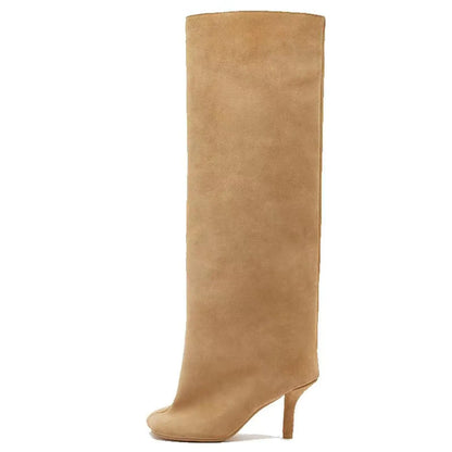 Suede Wide Calf Knee High Boots, Nude