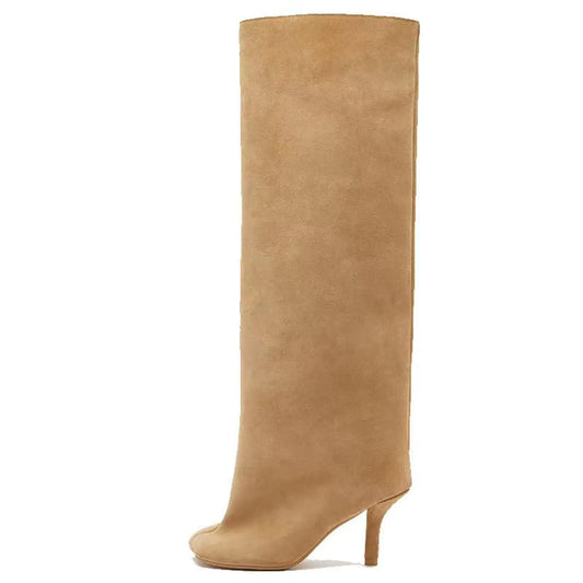 Suede Wide Calf Knee High Boots, Nude