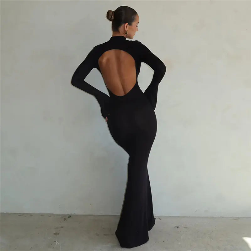 Ella Open Back Long Sleeve Maxi Dress - Black