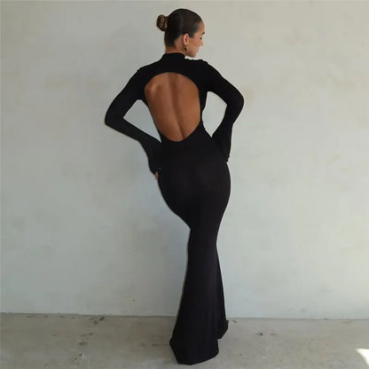 Ella Open Back Long Sleeve Maxi Dress - Black