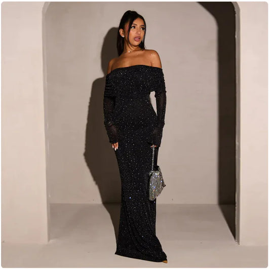 Sequined Off-Shoulder Bodycon Maxi Dress, Black