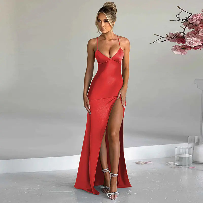 Sarah Plunge Neck Maxi Dress, Red