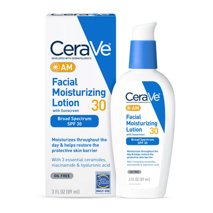 CeraVe AM Facial Moisturizing Lotion SPF 30, Oil-Free with Hyaluronic Acid & Ceramides, 3 Fl Oz
