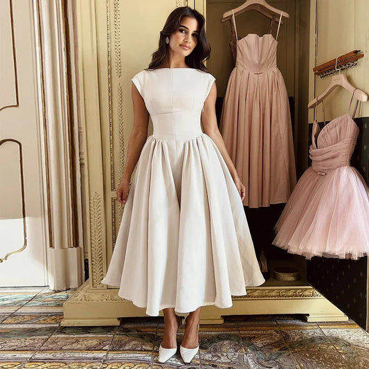 Annabelle Waist-Trimming Vintage Midi Dress, Apricot