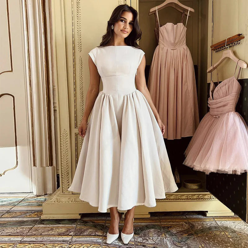 Annabelle Waist-Trimming Vintage Midi Dress, Apricot