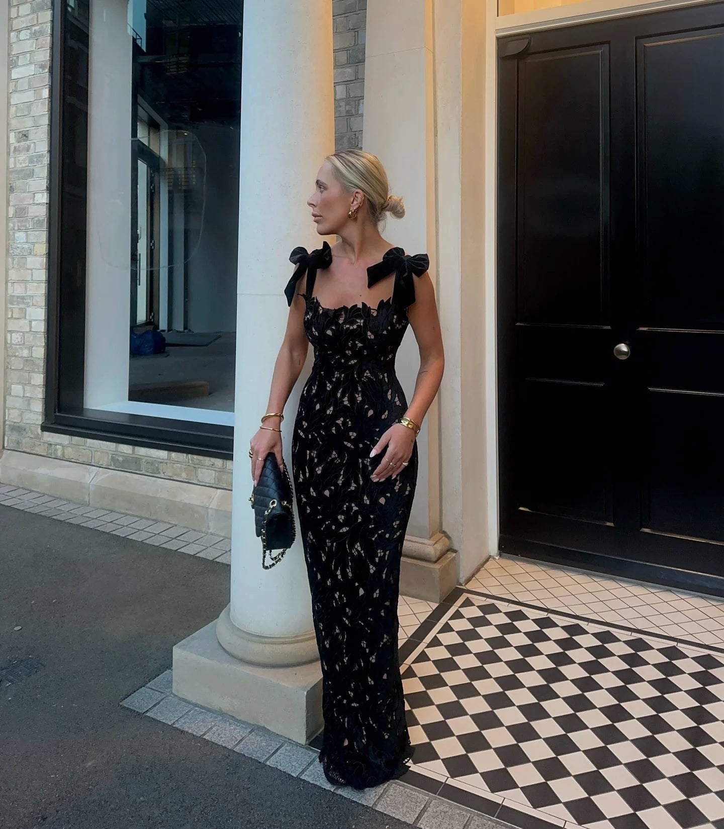 Tiff Velvet Lace Bow Tie Bodycon Dress, Black