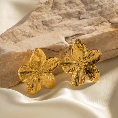 Matte Gold Stainless Steel Flower Stud Earrings