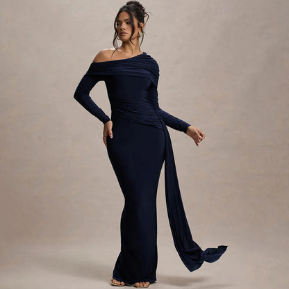 Lina Navy Blue Ruched Asymmetric Maxi Dress with Drape