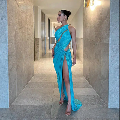 One Shoulder Metallic Cut Out Dress, Aqua