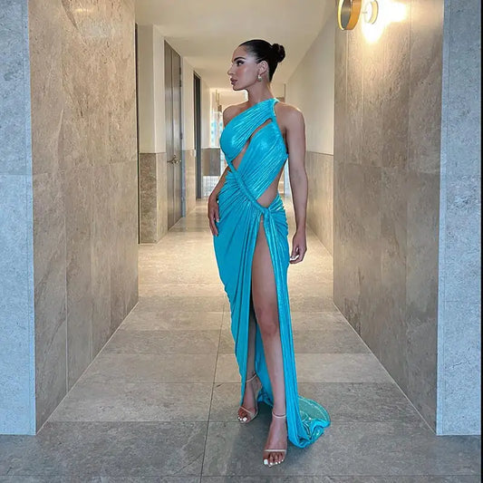 One Shoulder Metallic Cut Out Dress, Aqua