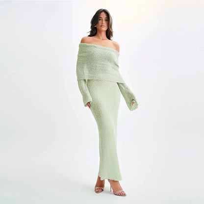 Marielle Off Shoulder Boucle Maxi Dress, Pastel Green