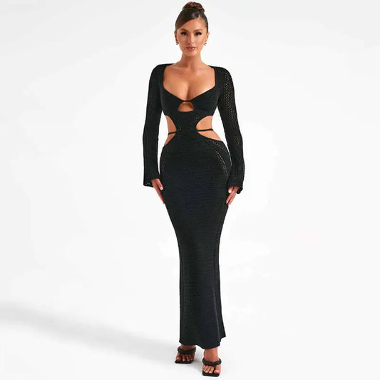 Nadine Crochet Cut-Out Maxi Dress – Black & Beige