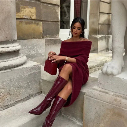 Knitted Off Shoulder Long Sleeve Maxi Dress – Red