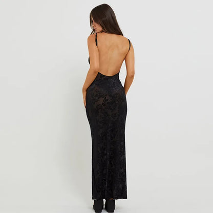 Allure Lace Velvet Maxi Dress with Floral Detail