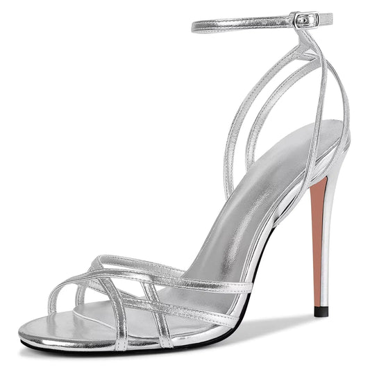 Silver Open Toe Lace-Up Stiletto Heels